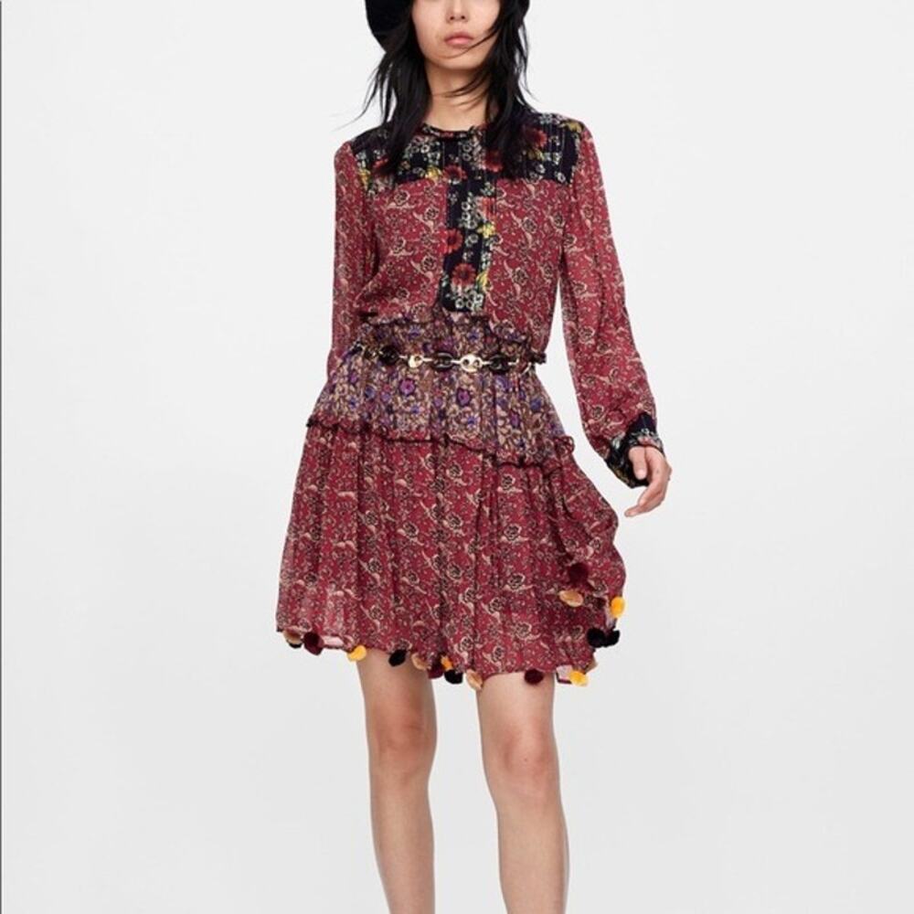 Zara Floral Patchwork Tiered Pompom Semi Sheer Peasant Mini Dress M Black Red